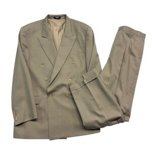 vtg 90s Bruzzi 44L 38x32 Taupe Double Breasted 2pc Pant Suit Wide Leg Pleated